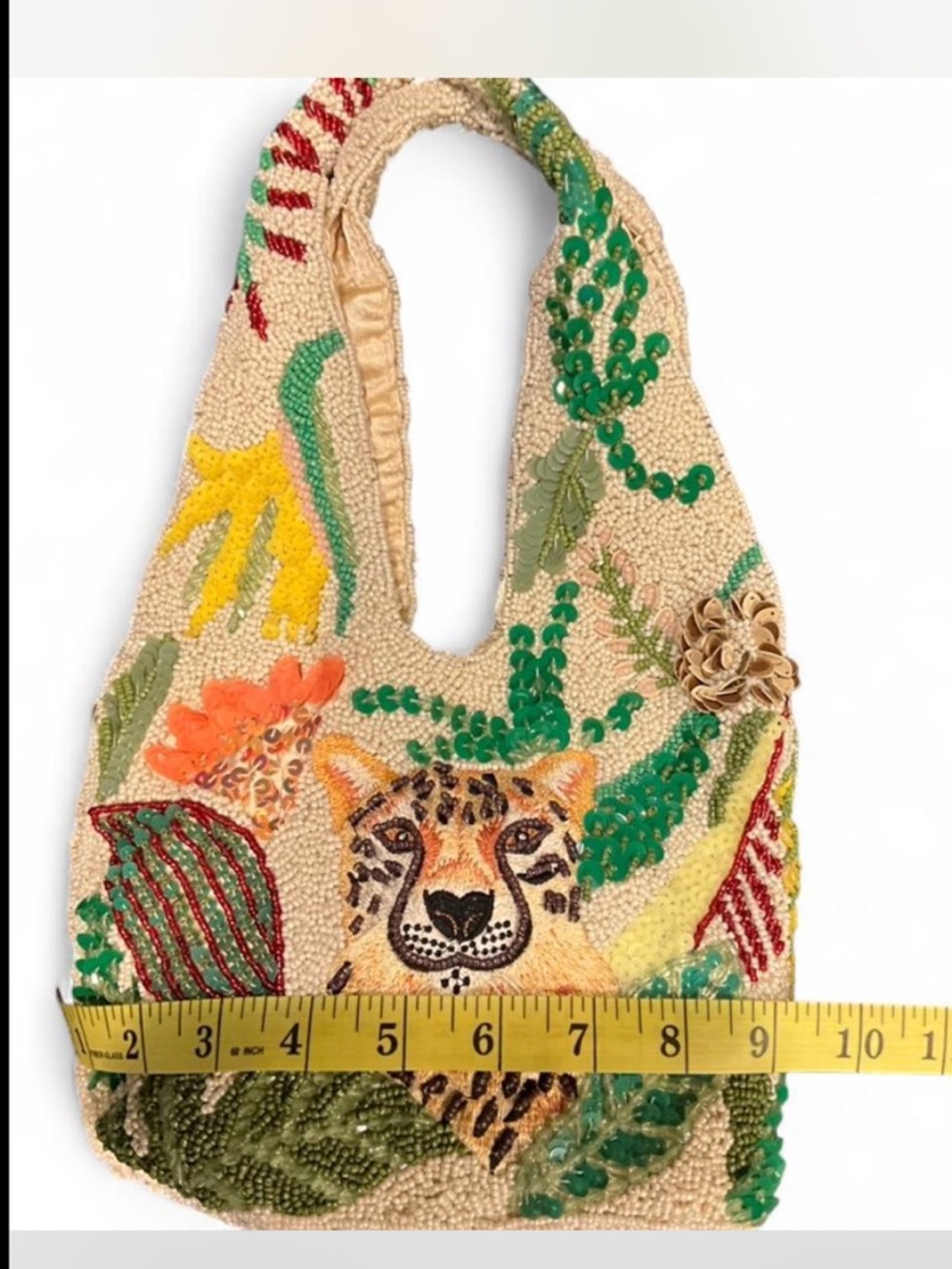 Hand-Beaded Leopard Floral Tote Bag in Cream and Green - Picture 2 of 6